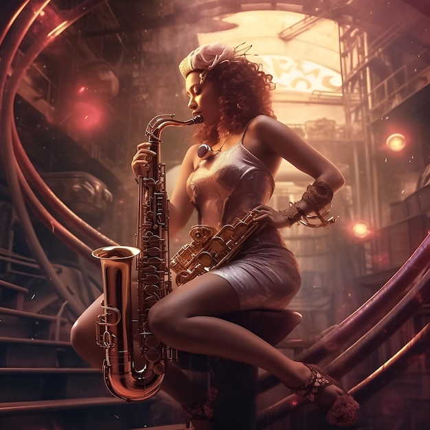 Une femme joue du saxophone Illustration Génération AI