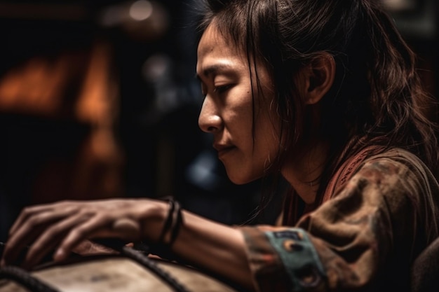 Une femme joue du tambour avec le mot chanson sur le devant.