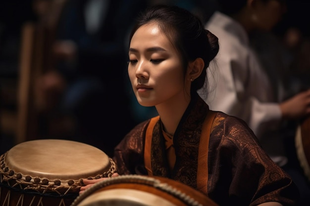 Une femme joue du tambour les yeux fermés.