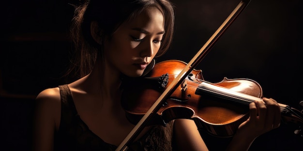 Une femme joue du violon dans une pièce sombre.