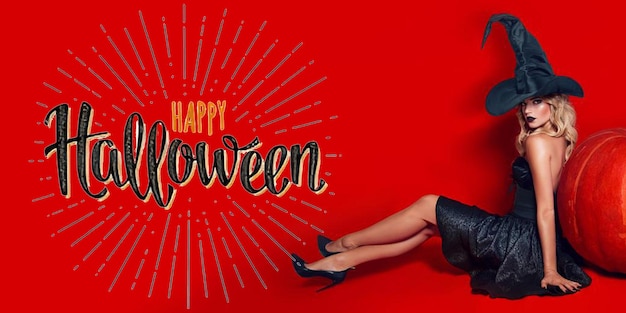 Une femme le jour d'Halloween sur fond rouge