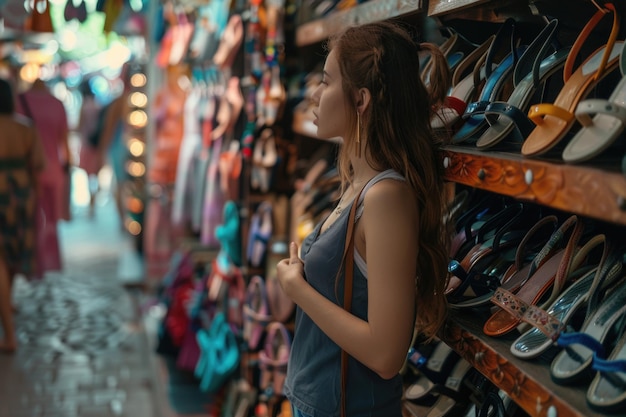 Une femme joyeuse achète des sandales dans un magasin de rue.