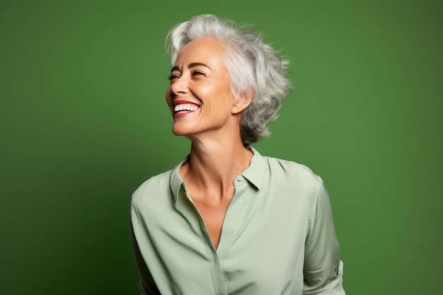 Une femme joyeuse d'âge moyen sur fond de menthe