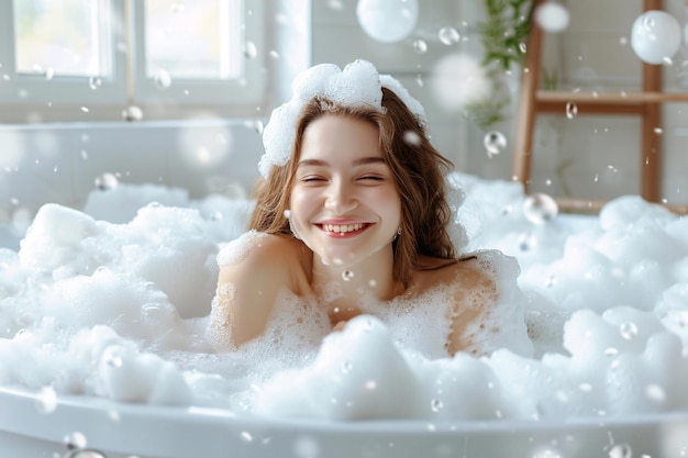 une femme joyeuse assise dans un bain avec de la mousse