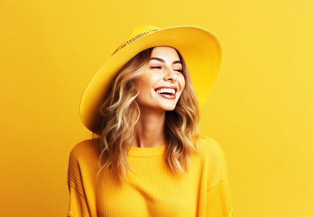 Femme joyeuse au chapeau jaune et au pull