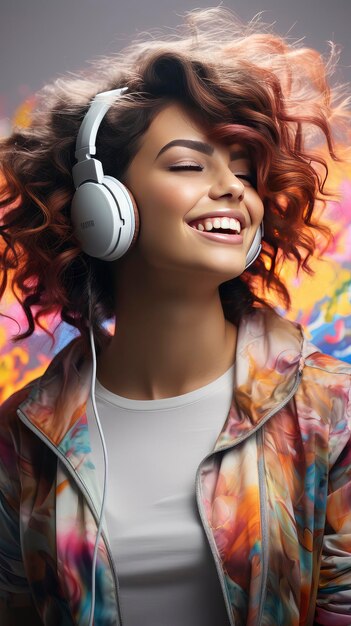 Photo une femme joyeuse aux cheveux bouclés appréciant les écouteurs de musique sur un sourire radieux