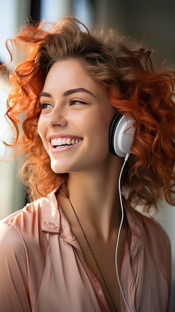 Une femme joyeuse aux cheveux bouclés appréciant les écouteurs de musique sur un sourire radieux