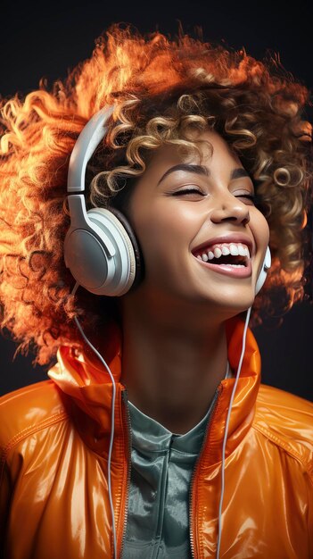 Photo une femme joyeuse aux cheveux bouclés appréciant la musique dans des écouteurs un sourire radieux