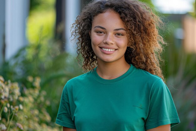 Une femme joyeuse aux cheveux bouclés en plein air vert