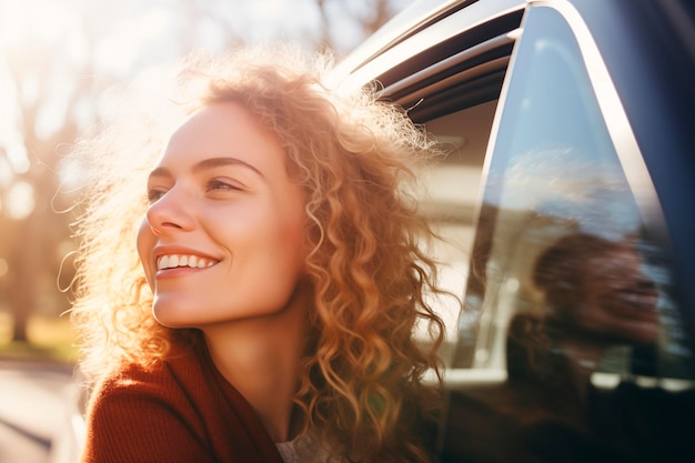 Une femme joyeuse aux cheveux bouclés profitant d'un trajet en voiture souriant à travers le toit solaire par une journée ensoleillée