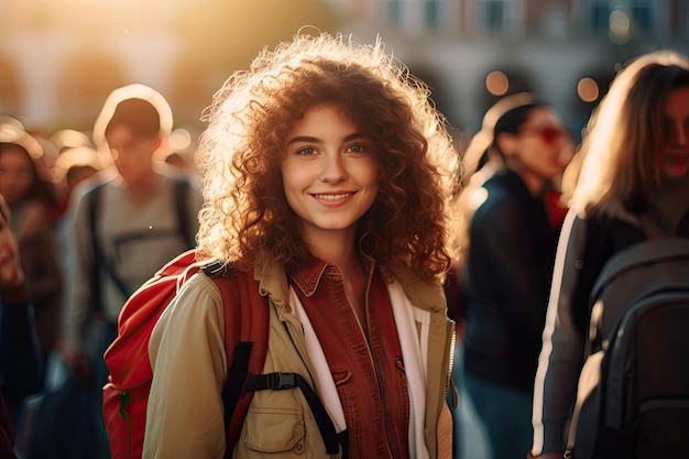 Une femme joyeuse aux cheveux bouclés et un sac à dos