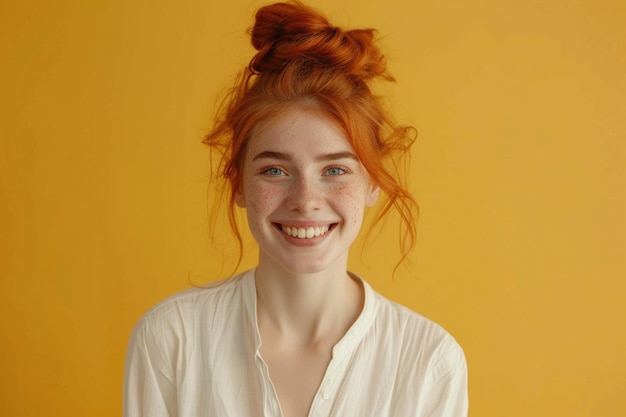 Photo une femme joyeuse aux cheveux roux reçoit des nouvelles positives et sourit heureuse.