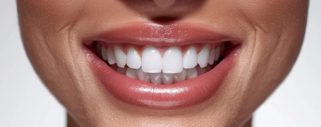 Une femme joyeuse avec de bonnes dents est montrée en gros plan