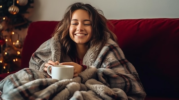Une femme joyeuse buvant du café alors qu'elle est assise sous les couvertures sur le canapé à la maison