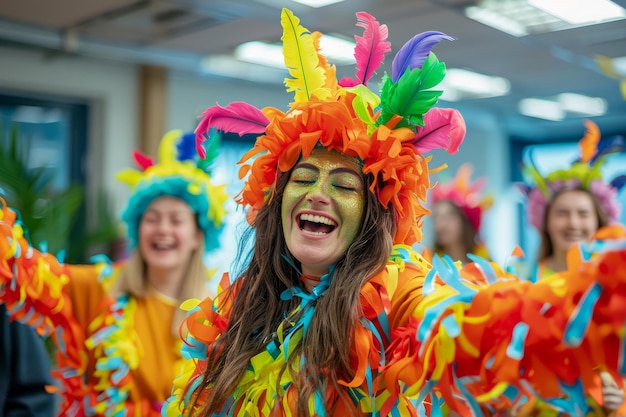 Une femme joyeuse en coiffure de plumes colorées fête lors d'un événement festif avec une foule floue dans