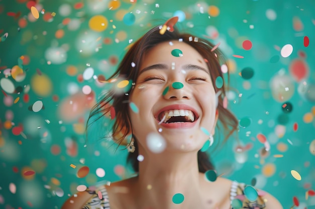 Une femme joyeuse avec des confettis devant un mur vert.