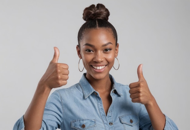 Photo une femme joyeuse dans une chemise denim donne un double pouce vers le haut son sourire radieux et pose énergique