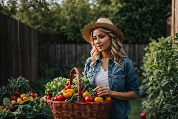 Femme joyeuse dans un potager tenant un panier de produits frais souriant à la caméra