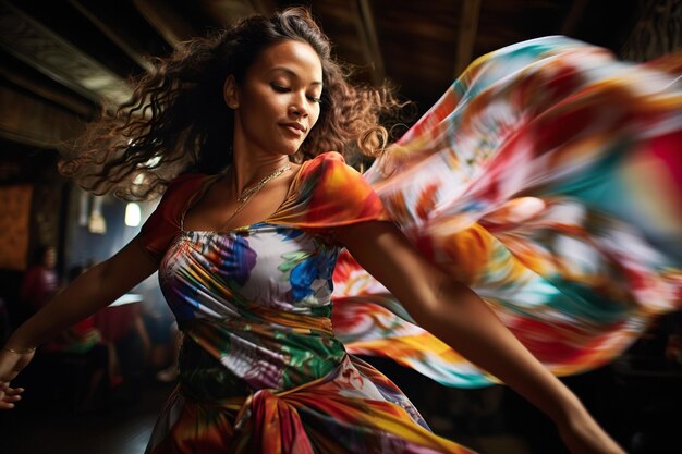 Photo une femme joyeuse danse en robe de couleur ethnique