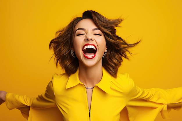 une femme joyeuse et drôle, heureuse, avec un fond jaune brillant.