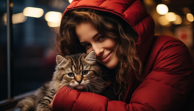 Photo une femme joyeuse embrassant un mignon chaton souriant avec le bonheur généré par l'intelligence artificielle