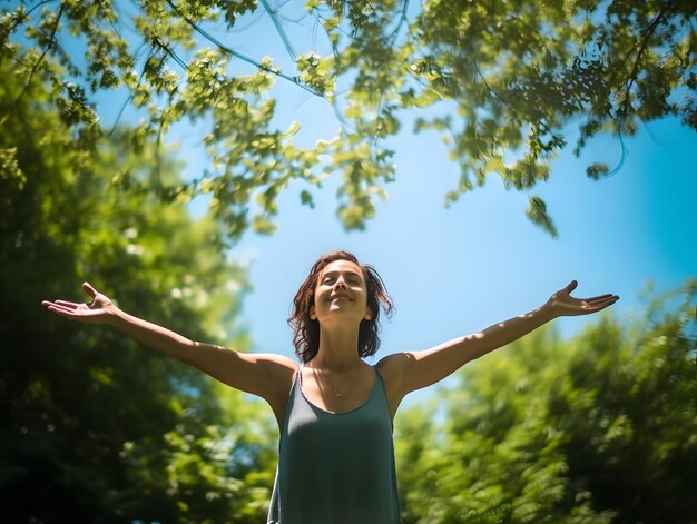 Une femme joyeuse embrassant la nature avec les bras tendus devant des arbres verts luxuriants par une journée ensoleillée Gen