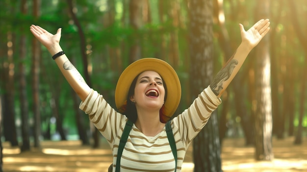 Une femme joyeuse embrasse la nature dans une forêt ensoleillée