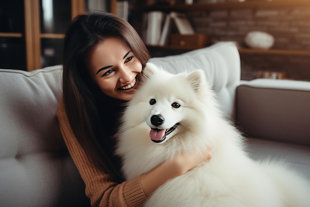 Femme joyeuse étreignant son chien de compagnie bien-aimé à la maison Generative AI