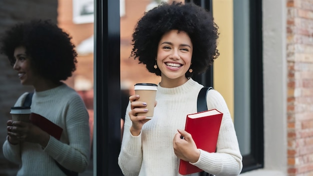 Photo une femme joyeuse et heureuse avec un sourire denté porte du café à emporter et un livre rouge heureuse de terminer ses études