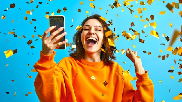 Une femme joyeuse en orange célébrant avec des confettis un moment de selfie de style décontracté des couleurs vives tourné en studio parfait pour le contenu de style de vie AI