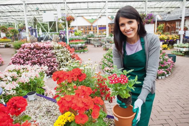 Femme joyeuse, planter une fleur dans un pot de fleur