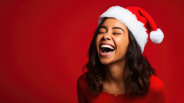 Photo une femme joyeuse portant un chapeau de père noël riant sur un fond rouge vibrant incarnant l'esprit festif de noël