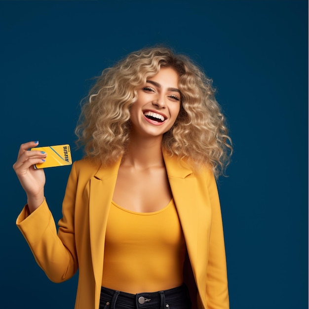Photo une femme joyeuse portant des vêtements de veste jaune et tenant une carte de crédit