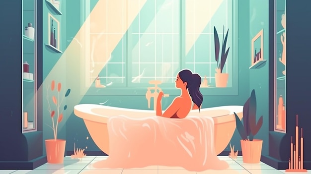 Femme joyeuse prenant un bain IA générative relaxante dans la baignoire de la salle de bain