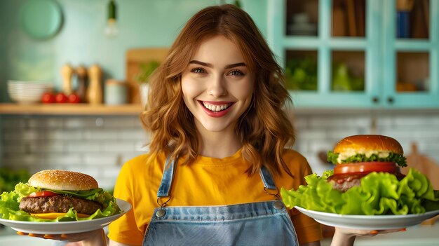 Une femme joyeuse présentant des hamburgers gourmets faits maison cuisine à la maison et concept d'alimentation saine portrait de style de vie décontracté IA