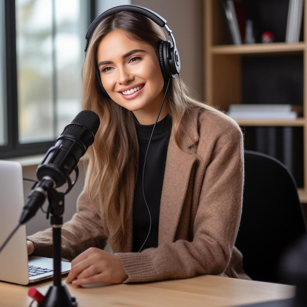 une femme joyeuse qui enregistre sa voix dans un microphone une animatrice de radio qui diffuse un podcast