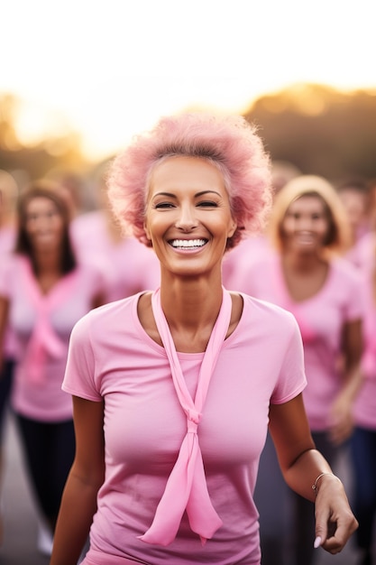 Photo une femme joyeuse en rose participe à une marche de sensibilisation au cancer parmi des partisans