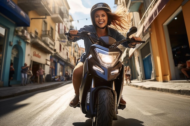 une femme joyeuse roule vite sur un cyclomoteur