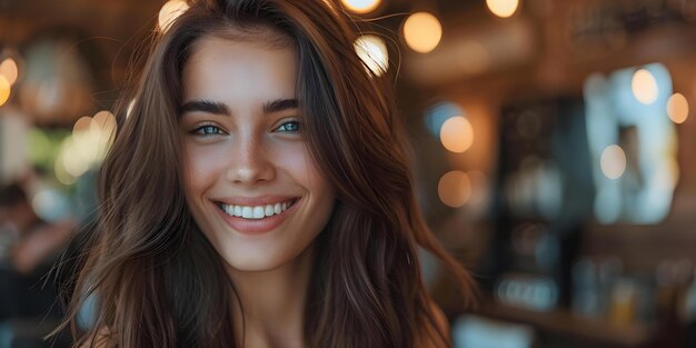 Une femme joyeuse se fait couper les cheveux dans un salon avec un sourire rayonnant Concept Salon de coiffure beauté femme souriante Coup de cheveux client heureux