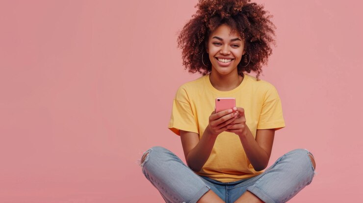 Photo une femme joyeuse avec un smartphone