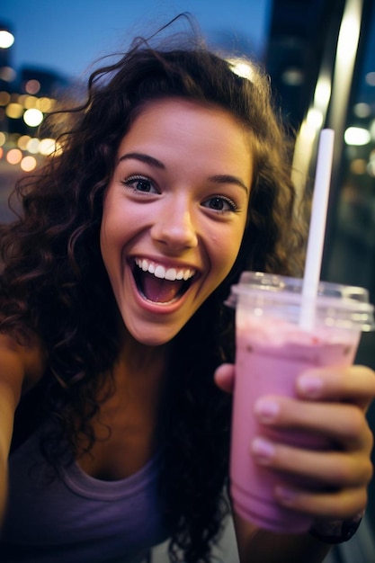 Photo une femme joyeuse avec un smoothie prenant un selfie la nuit