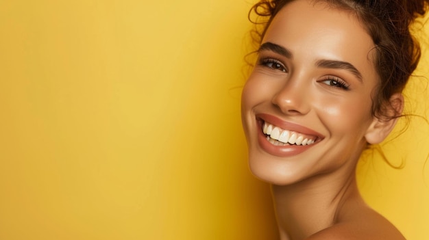 Une femme joyeuse avec un sourire radieux posant sur un fond jaune vibrant