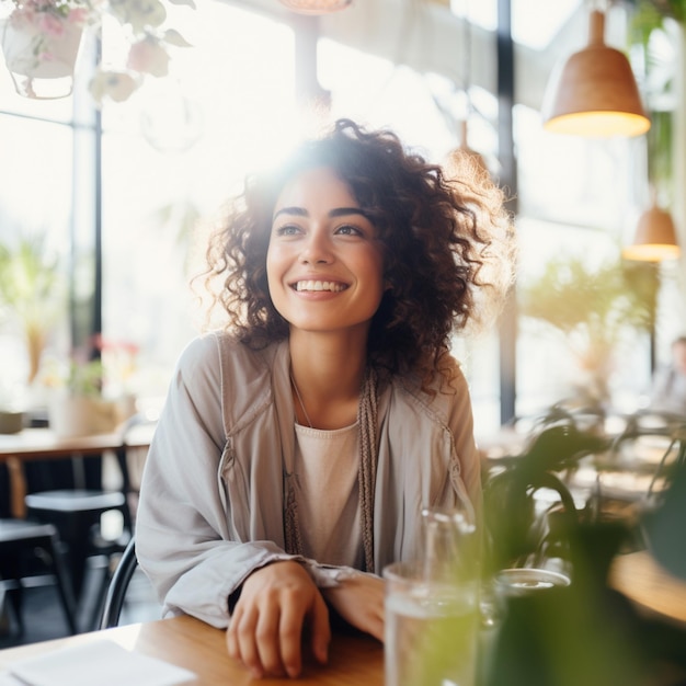 Une femme joyeuse sourit, satisfaite à une table de café.