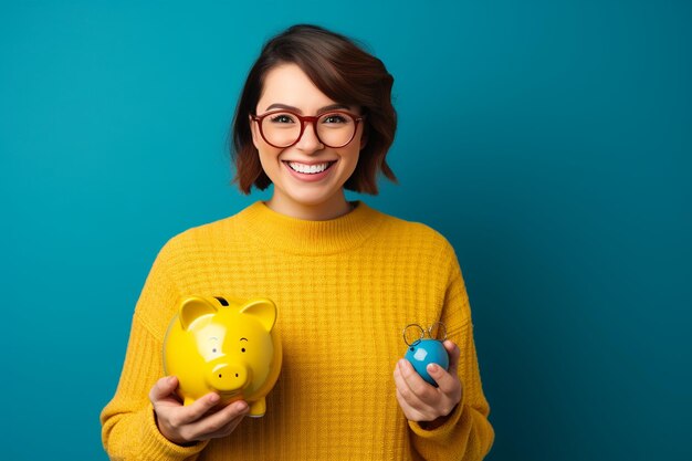 Photo femme joyeuse en tenue décontractée bleue et lunettes générative par ai