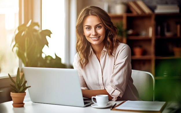 Femme joyeuse utilisant un ordinateur portable dans son bureau à domicile