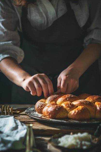 Une femme juive prépare du pain de shabbat challah