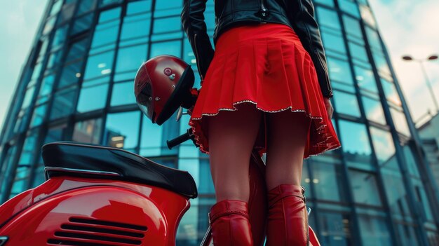 Photo femme en jupe rouge à côté du scooter rouge idéal pour les concepts de transport