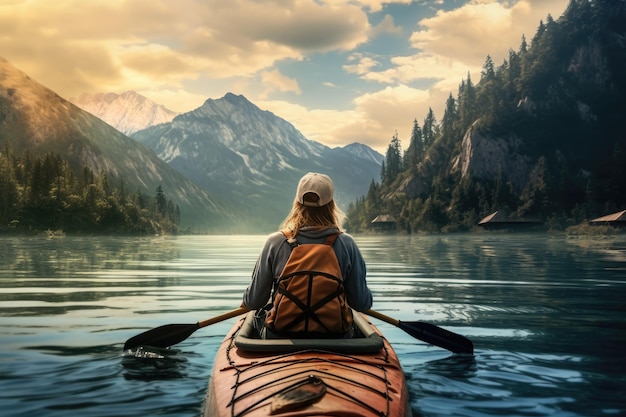 Une femme en kayak sur un lac avec des montagnes en arrière-plan au coucher du soleil Une randonneuse qui marche dans les montagnes sans visages visibles Arrière-plan naturel généré par l'IA