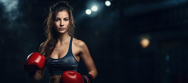 Femme de kickboxing en tenue de sport et gants de kick boxing rouges sur fond noir effectuant un coup de pied d'arts martiaux Exercice sportif entraînement physique Généré avec l'IA