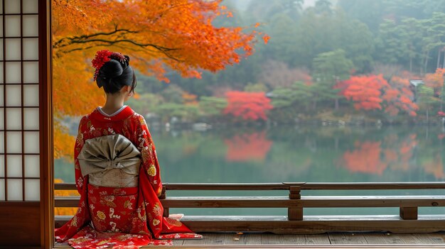 Photo une femme en kimono assise sur un banc près d'un lac